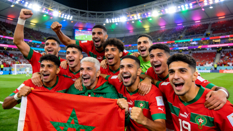 摩洛哥队创造历史闯入世界杯四强后全队庆祝合影